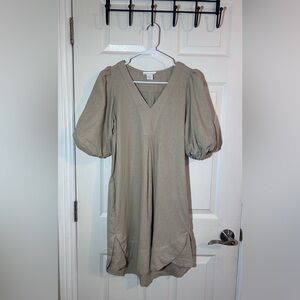 Cynthia Rowley Linen Blend Beige V‑Neck Puff Sleeve Mini Dress Sz XS